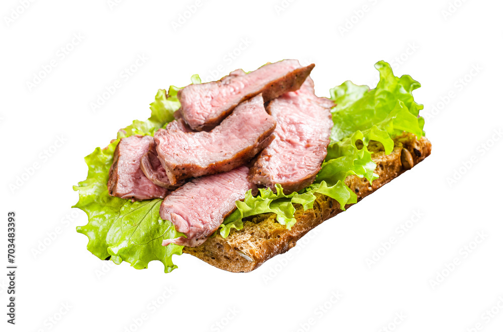 Steak sandwich with sliced roast beef, salad and vegetables.  Transparent background. Isolated.