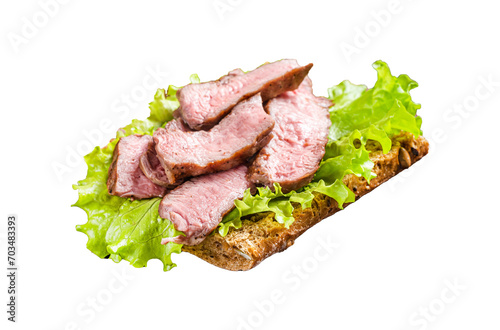 Steak sandwich with sliced roast beef, salad and vegetables. Transparent background. Isolated.