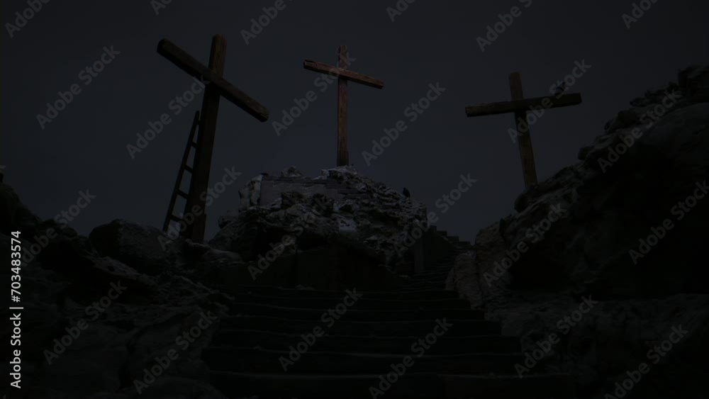 A stormy, dark Golgotha on Good Friday featuring three crosses.