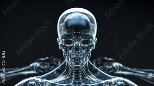 Digital art of a humanoid alien in x-ray view with a glowing blue skeletal structure.