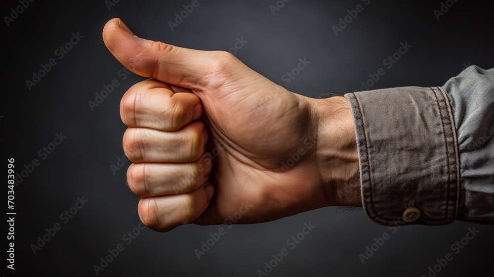 A hand on an isolated background shows a grade or distinction, thumbs up.