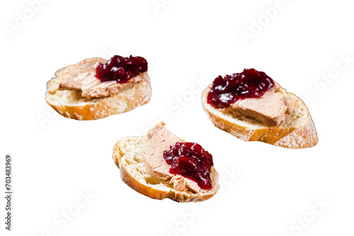 French cuisine Foie gras toasts, goose liver pate and lingonberry marmalade. Transparent background. Isolated.