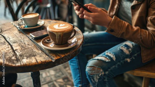 Person is sitting at a wooden table in a caf? with a cappuccino with a heart-shaped latte art on top, using a smartphone