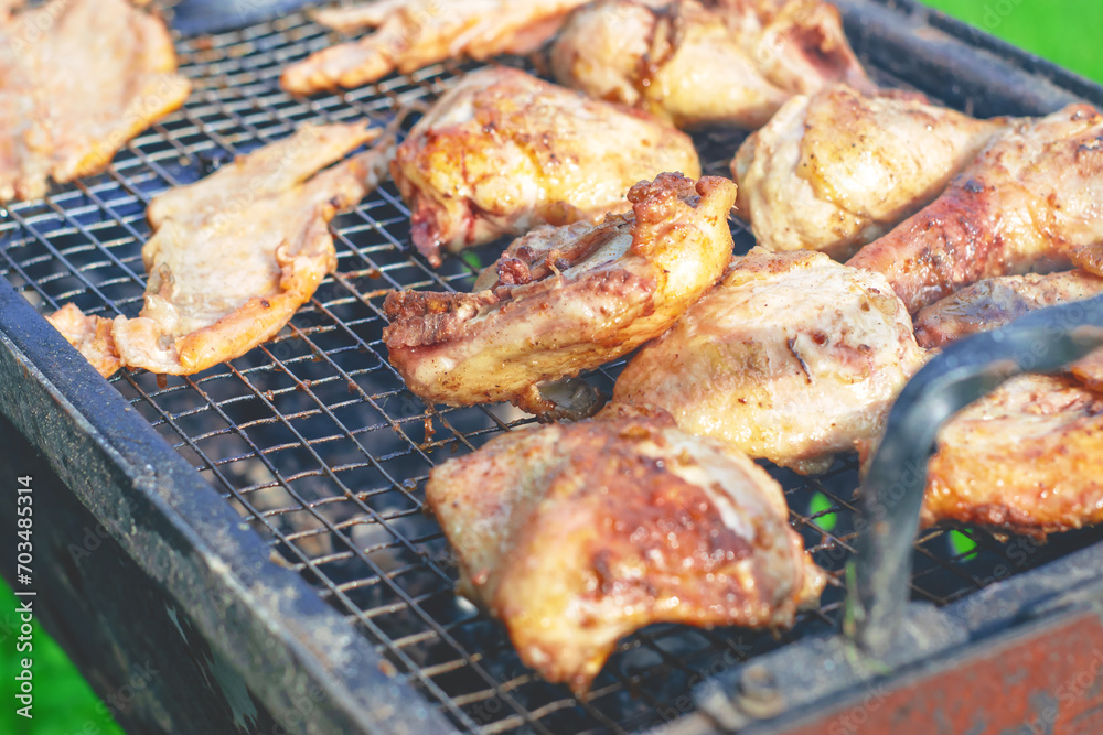 Outside, on the green lawn, there is a street grill on which ria and chicken are cooked.