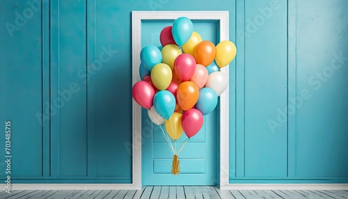 render of colorful balloons floating through blue door
