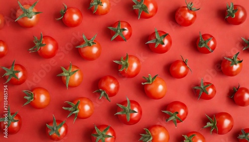 cherry tomato pattern on a red background flat lay top view © Florence
