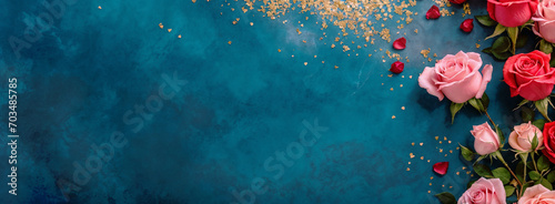 Blue background with roses flowers frame and gold hearts, beautiful banner, header with copy space, empty. Valentines, mother's day, women's day, wedding invitation, romantic, elegant. Generative AI.