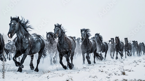 Herd of black horses running in snow in winter. Horizontal. 