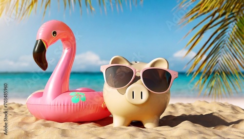 travel savings concept design of piggy bank with sunglasses and inflatable flamingo on the sand beach tropical summer 3d render