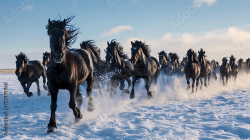 Herd of black horses running in the snow on a sunny winter day.  photo