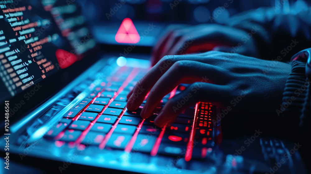 Close-up of a person's hands typing on a backlit laptop keyboard with a screen displaying what appears to be a warning or error message Close-up of a person's hands typing on a backlit laptop keyboard with a screen displaying what appears to be a warning or error message