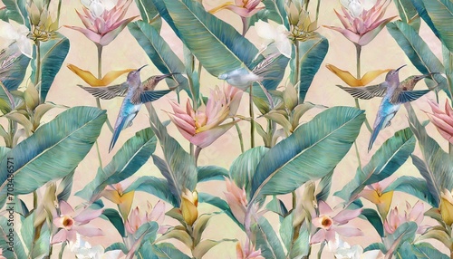 wallpaper mural with hummingbirds banana leaves in pastel colors paradise bird flowers seamless pattern tropical background premium texture luxury hand painted 3d illustration watercolor art © Florence