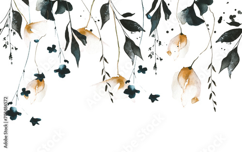 Watercolor painted floral seamless border frame. Black ginko biloba leaves, orange poppies, dark blue wild flowers, branches. Hand drawn illustration template. Watercolour artistic template design. © satika
