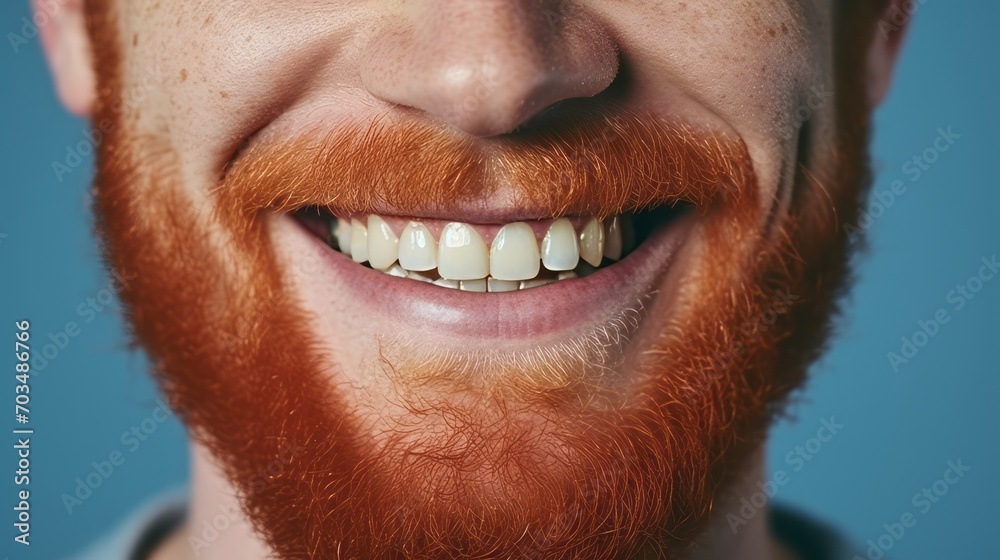 Fototapeta premium Young red-haired, bearded man smiles with a snow-white smile with perfectly even, clean and healthy teeth. Close-up view. Advertising of a dental clinic. Generative AI.