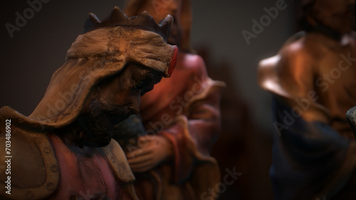 CGI Colorful Christmas Nativity set on coffee table focusing on a Wiseman.