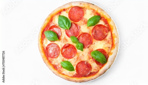 pizza fresh italian margherita with salami basil and tomato isolated on white background top view