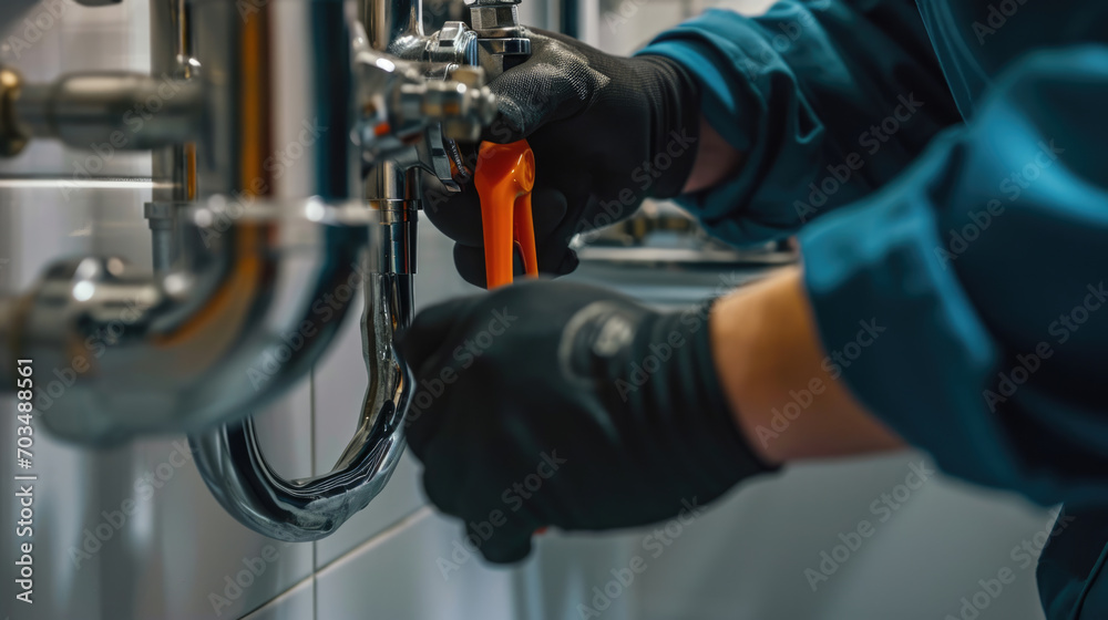 Plumber's hands using an pipe wrench to work on the chrome P-trap under a white sink - obrazy, fototapety, plakaty 