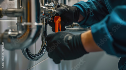 Plumber's hands using an pipe wrench to work on the chrome P-trap under a white sink photo