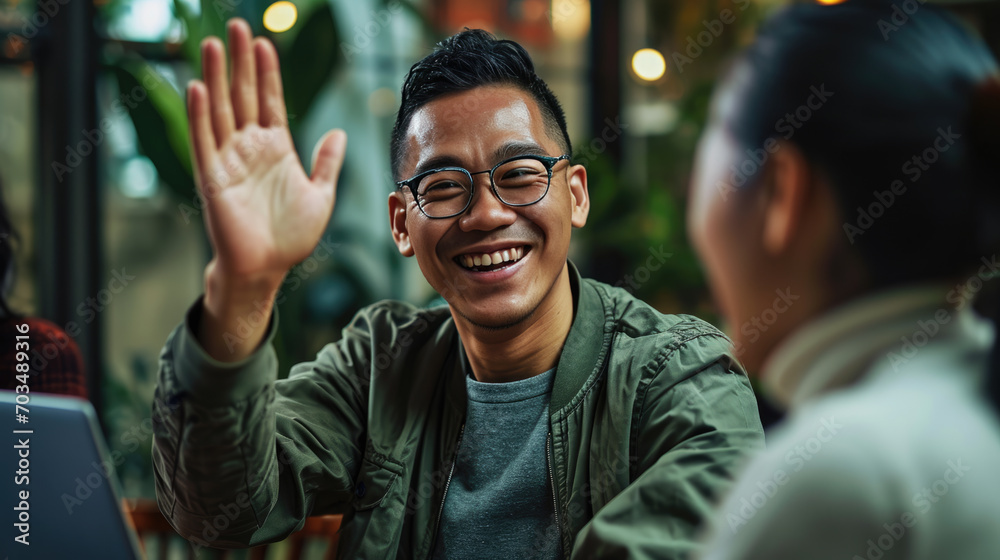Businessman smiling and giving a high-five to a person whose back is facing the camera Businessman smiling and giving a high-five to a person whose back is facing the camera