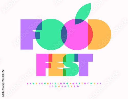 Vector trendy banner Food Fest. Bright Colorful Font. Set of Creative Alphabet Letters and Numbers