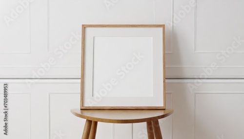 square frame with poster mockup standing on the wooden chair 3d rendering