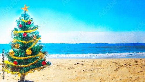 painting of a christmas tree on the beach postcard