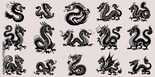 Set of black and white chinese dragons isolated on a light background. EPS 10