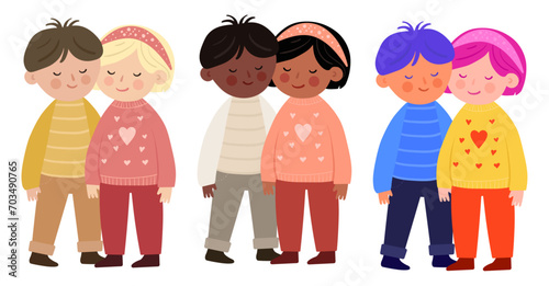 collection of vector illustrations of loving couple, guy and girl, cute, different races and ethnicities, diversity, black, white, brown, modern illustration