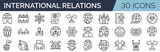 Set of 30 outline icons related to international relations. Linear icon collection. Editable stroke. Vector illustration