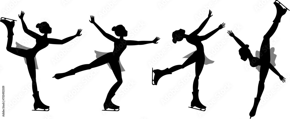Figure skating. Illustrated winter sports. Silhouettes of women skating. Elements of figure skating.