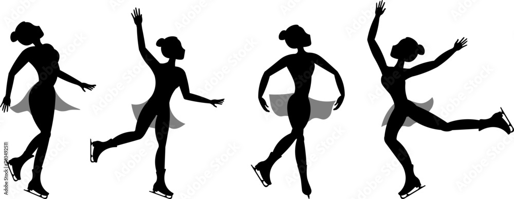 Figure skating. Illustrated winter sports. Set of silhouettes of women skating. Elements of figure skating.