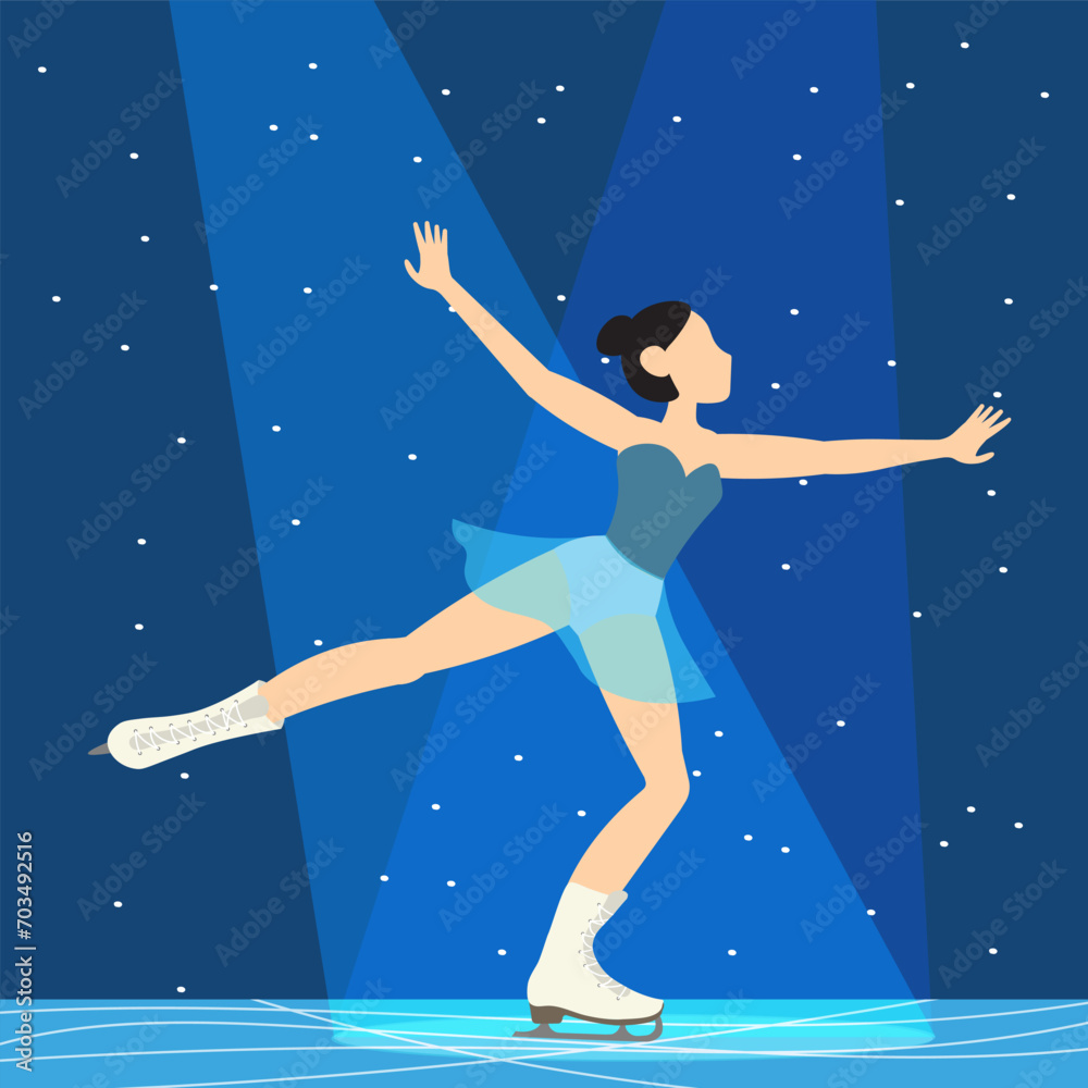 Figure skating. Illustrated winter sports. Woman in the snow arena. Elements of figure skating.