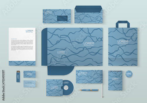 Blue stationery template design with dark blue lines.Set of business corporate identity mock up. Documentation for business.
