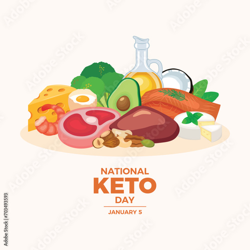 National Keto Day poster vector illustration. High fat, low carb diet vector. Healthy foods good for the ketogenic diet drawing. Meat, fat, vegetables, nuts, cheese vector. January 5 every year