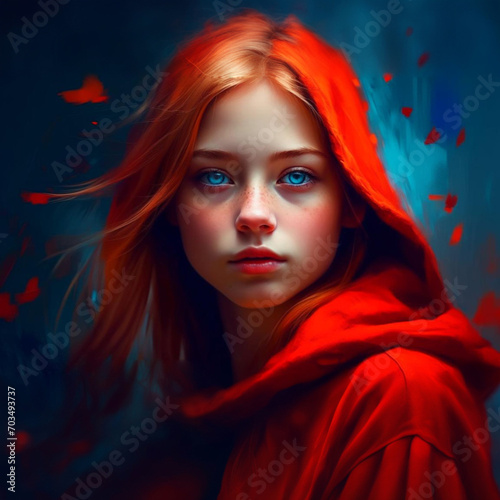 young red-haired girl, bright blue eyes, looking at the camera on a colored background