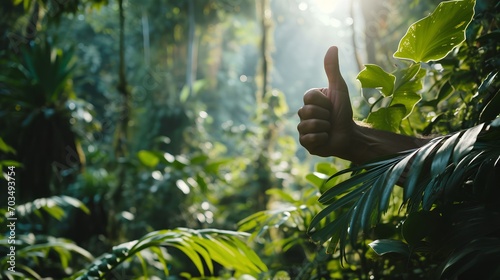 Dense jungle scene with a prominent thumbs up hand gesture symbolizing approval and support for forest conservation and the importance of greenery in our environment, embodying an optimistic concept. photo