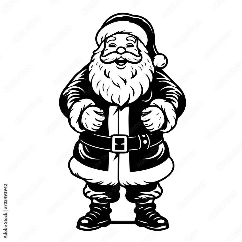 Black and white vector silhouette of Santa Claus, perfect for festive holiday graphics and Christmas decorations.
