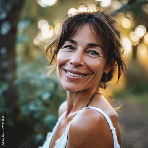Portrait of a smiling middle-aged woman with tanned skin in nature