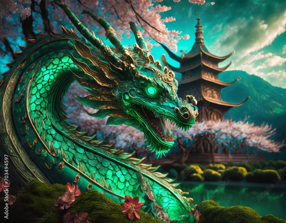 Obraz premium Happy lunar new year 2024 card with green Chinese wood dragon. Traditional pagoda temple and blossoming cherry trees in background. 