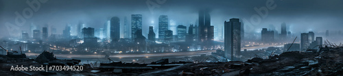 misty foggy blue stormy night sky over a vast panoramic view of a city skyline - stormy weather - emblematic cityscape - cloudy stormy weather - tall skyscrapers - apocalyptic mood