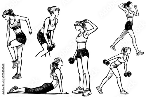 Hand sketch of a running woman and doing sports, a set of different exercises