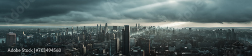 cloudy stormy weather over a vast panoramic view of a city skyline - stormy weather - emblematic cityscape - cloudy  stormy weather - tall skyscrapers - apocalyptic mood