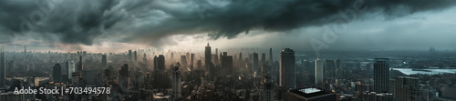 formation of a storm over a vast panoramic view of a city skyline - stormy weather - emblematic cityscape - cloudy  stormy weather - tall skyscrapers - apocalyptic mood