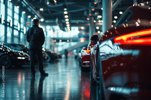 Car dealership, unrecognizable man buyer choosing a car, selective focus photo