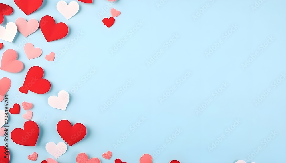 Valentine day festive invitation with paper red hearts pattern and empty blank on pastel blue background top view Valentine day festive invitation with paper red hearts pattern and empty blank on pastel blue background top view
