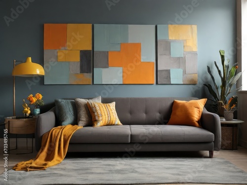Modern interior with abstract paintings on a gray wall