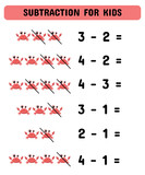 Subtraction game with crabs. Educational math game for preschoolers kindergarten. Matching game.