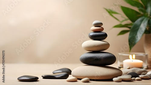 Stack of zen stones and burning candle on wooden table  space for text