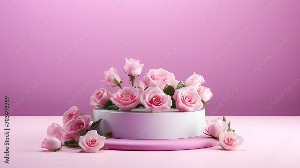 Pink presentation stand surrounded by pink flowers. Pink presentation stand surrounded by pink flowers.