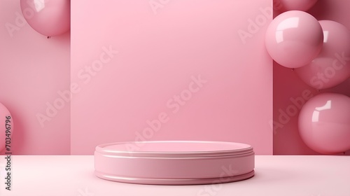 A pedestal, a podium, a geometric showcase with pink balloons for presentation.